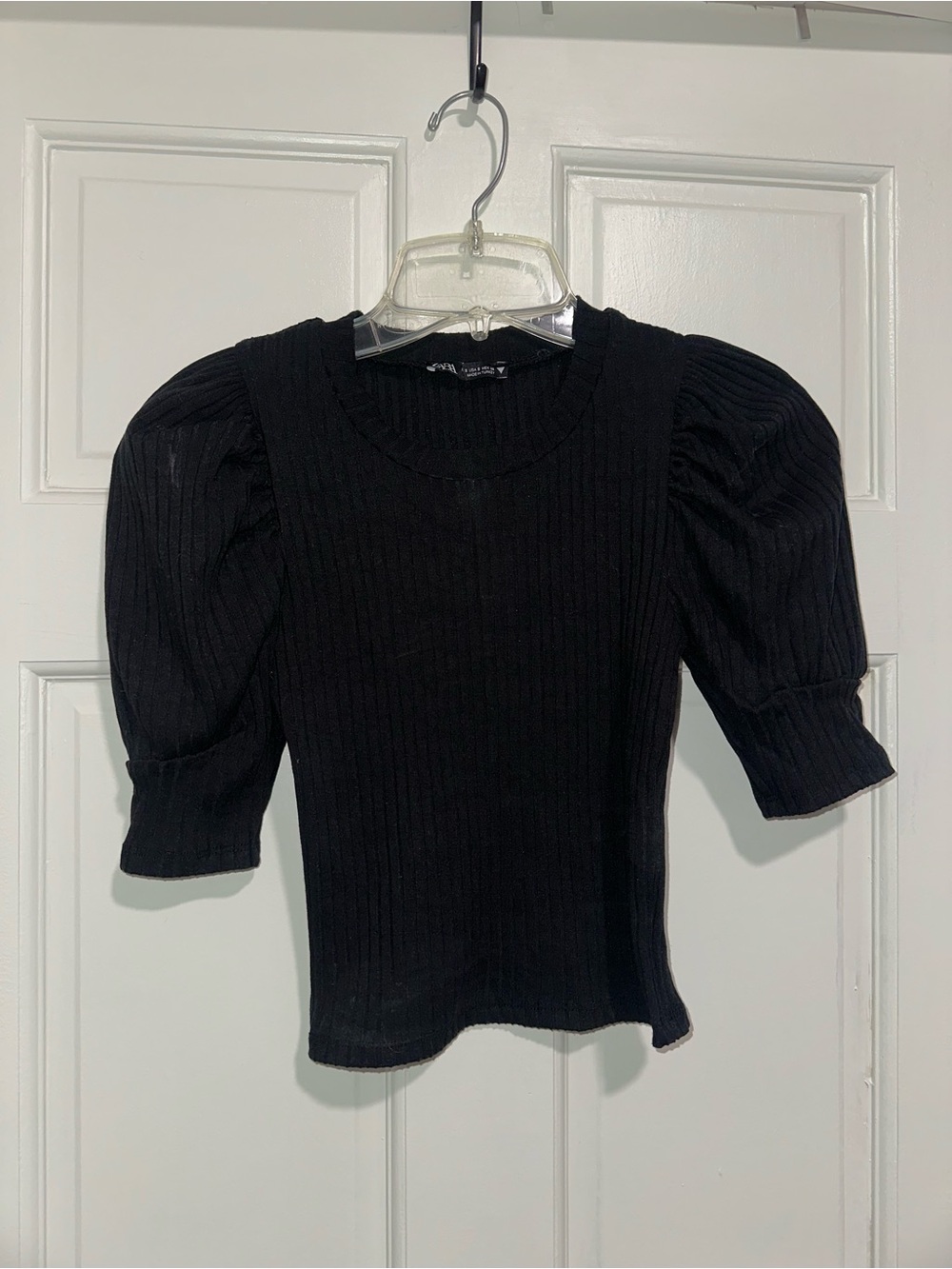 Zara Black Ribbed Puff Sleeve Top - Kids